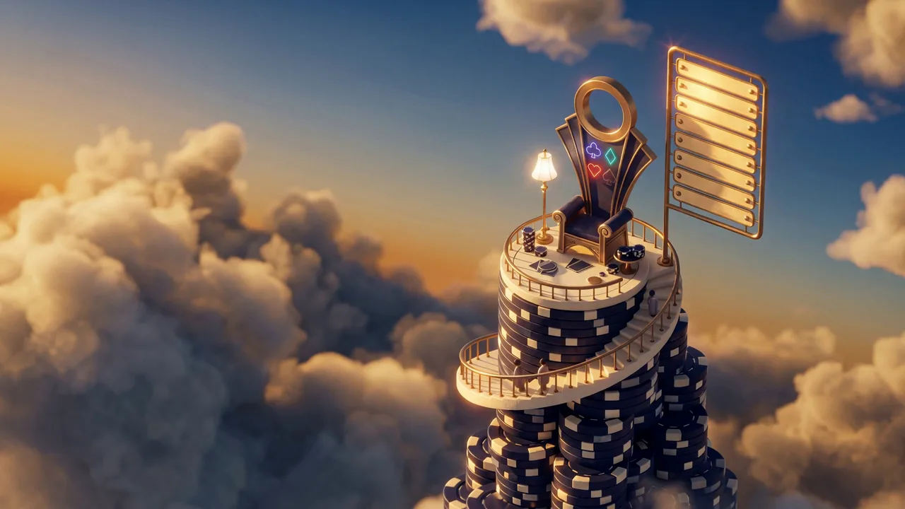 A spiral stair winding up a tower of chips to the Heart Throne and the leaderboard at the top of the world.
